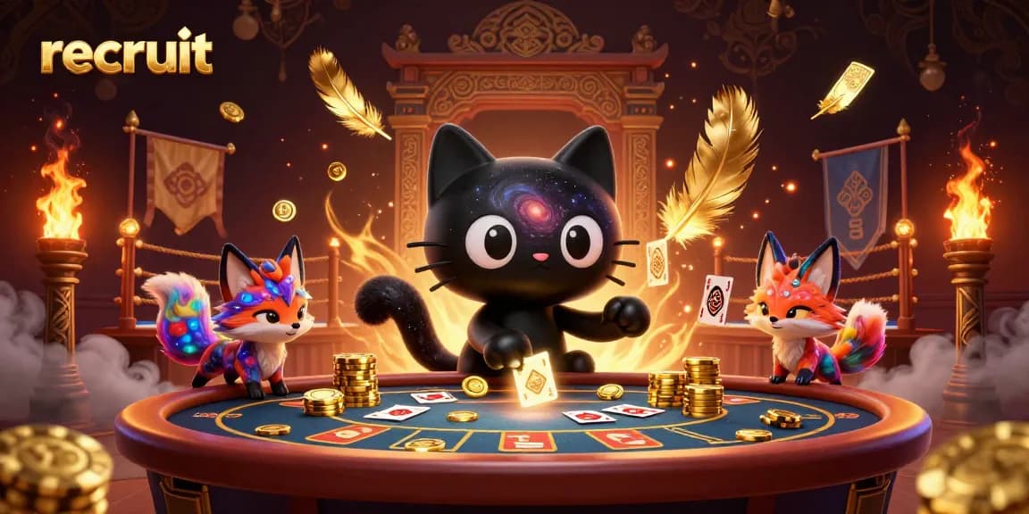 Recruit in an engaging cosmic casino scene with black hole cat and vibrant effects.