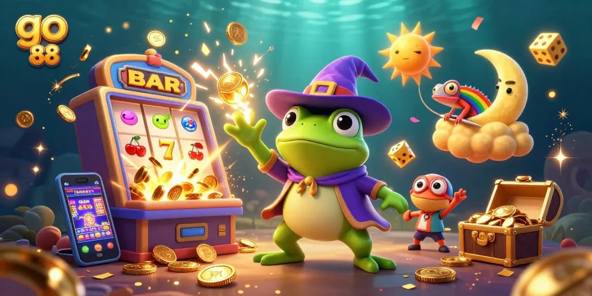 Experience the excitement with go 88 as the weather wizard and chameleon celebrate a jackpot in a vibrant casino scene.