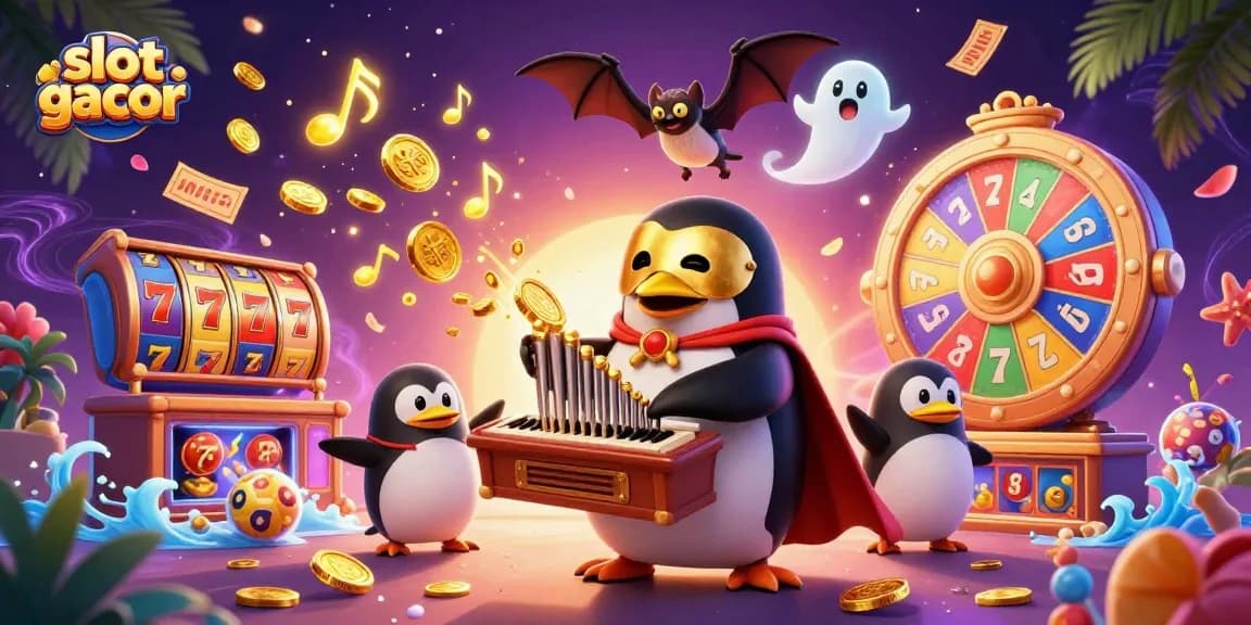 Permainan slot gacor dengan penguin opera 3D, koin emas, dan elemen kasino interaktif.