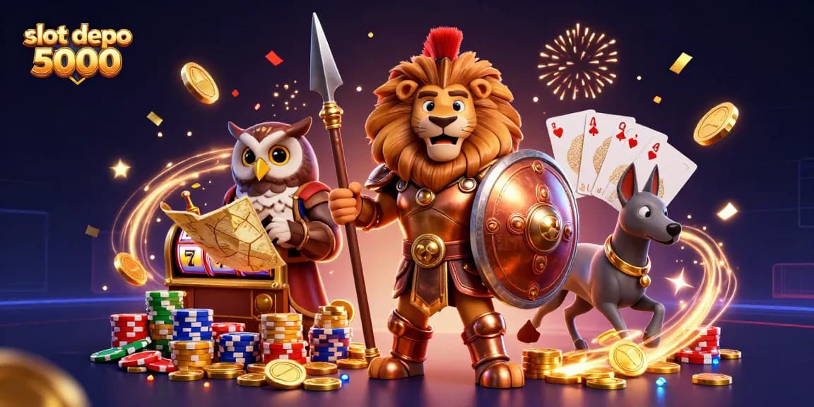 Engage in exciting gameplay with slot depo 5000 featuring a Spartan lion in a vibrant casino scene.