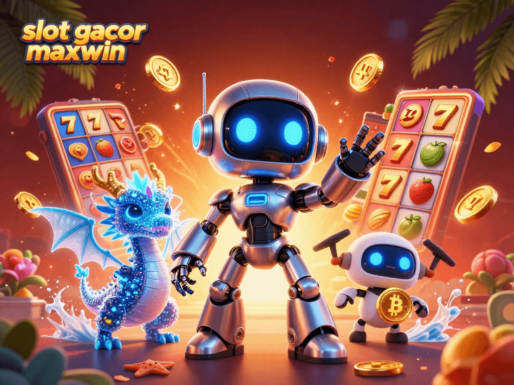 Jelajahi slot gacor maxwin dalam ilustrasi 3D yang penuh warna dan detail tinggi dengan robot dan simbol slot.