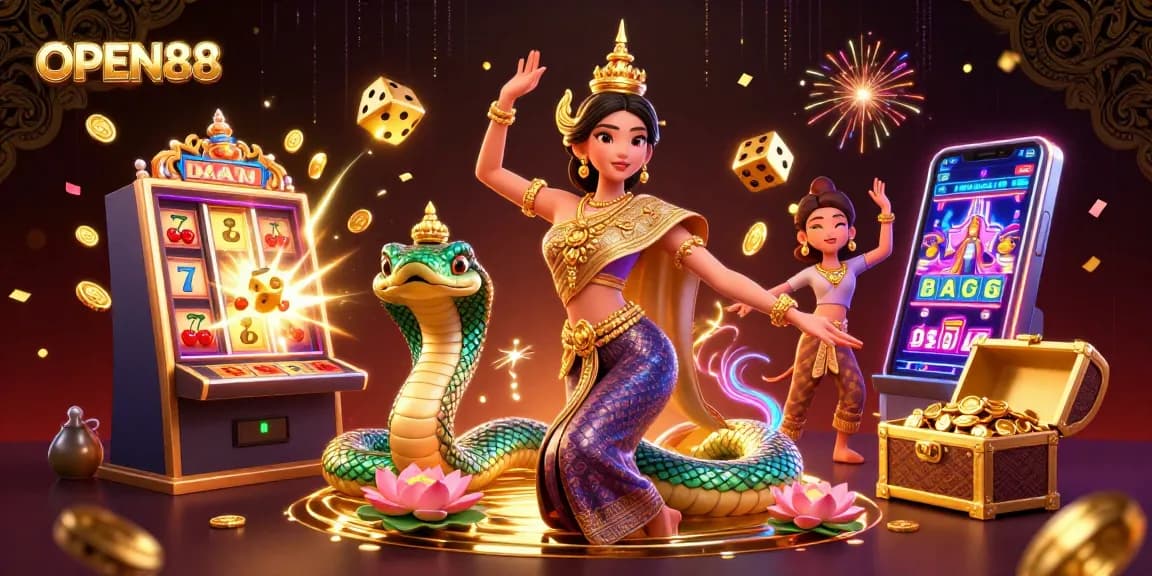 Engage with OPEN88's vibrant gaming universe, showcasing a captivating Thai dancer amid exciting casino elements.