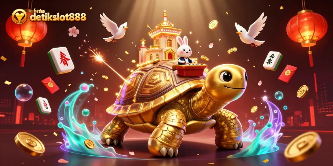 Play the exciting slots at situs detikslot888, featuring a vibrant casino scene with golden tortoise and lucky elements.