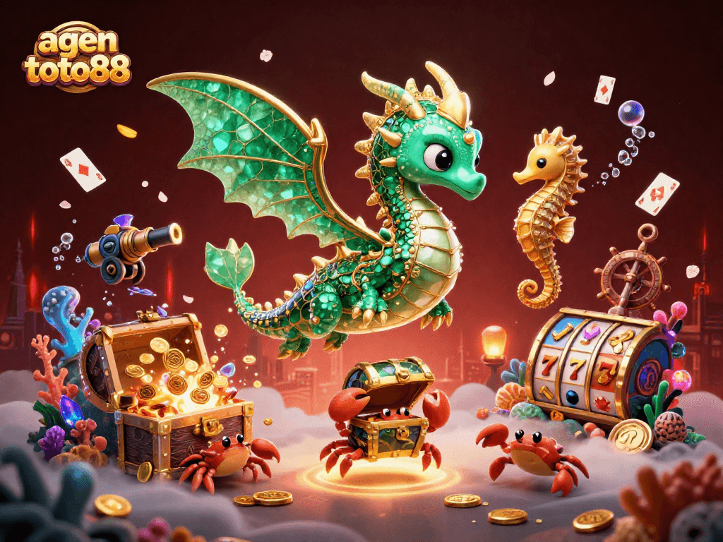 Play slots and win with agen toto88, featuring an emerald sea dragon and treasure-filled underwater scene.