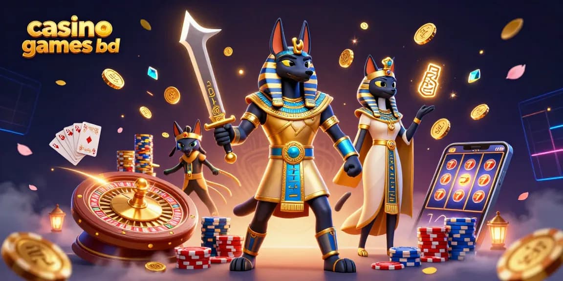 Enjoy thrilling casino games bd with Anubis and Bastet in a lively 3D illustration showcasing vibrant gameplay.
