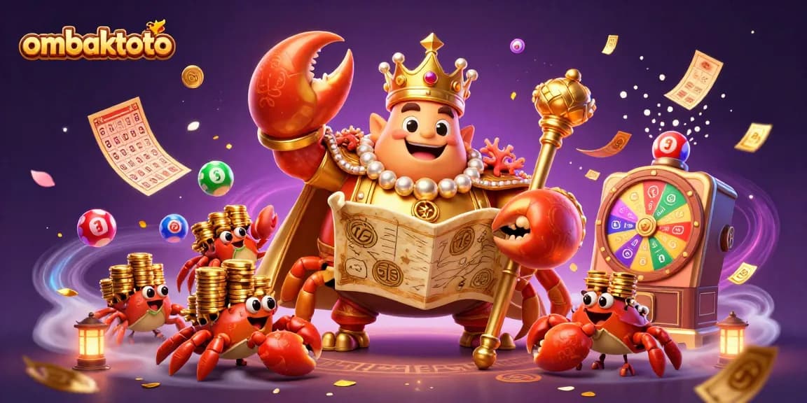 Experience ombaktoto's vibrant lottery scene with a golden crab emperor and rich gambling elements.