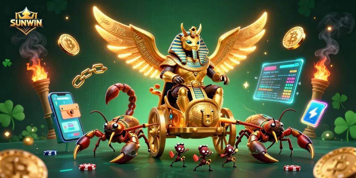 SUNWIN offers an exciting dynamic scene featuring a golden beetle charioteer with crypto elements representing thrilling casino action.