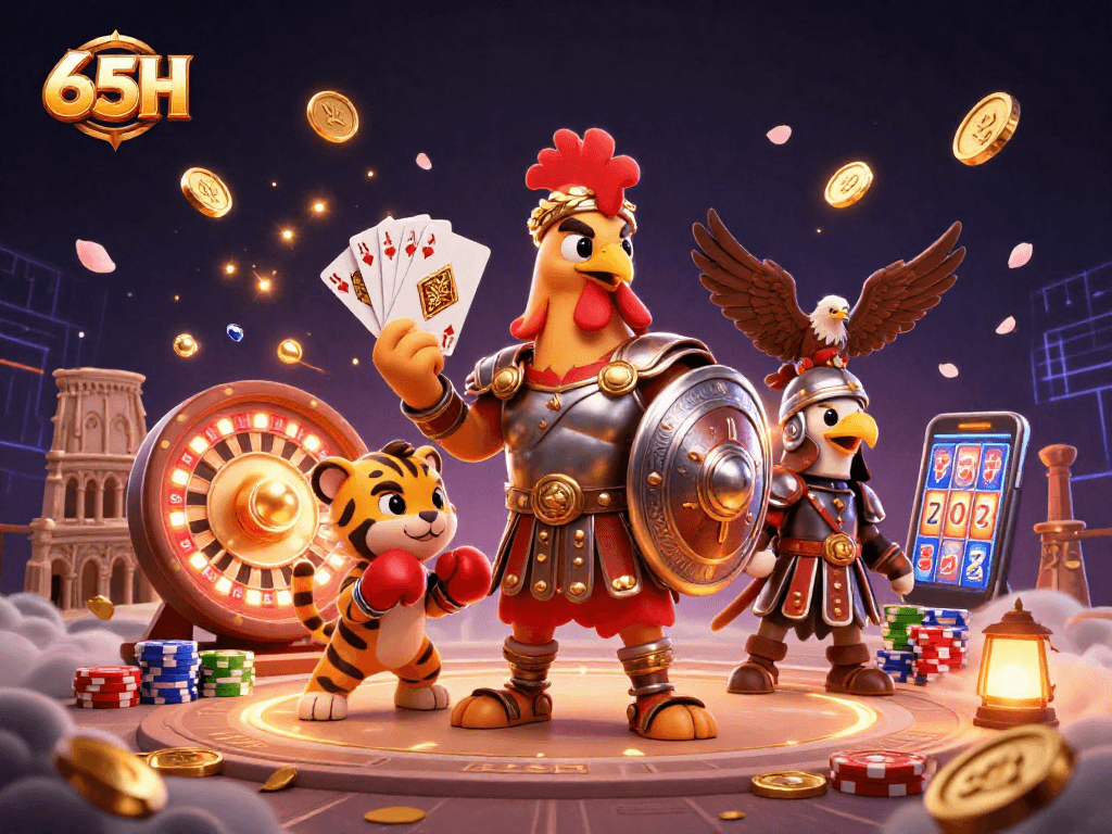 Os divertidos elementos de cassino 65H com um galo gladiador e moedas de ouro!