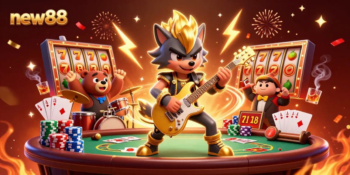 Experience the excitement of new88 with a dynamic scene showcasing a rock star wolf and drummer bear on stage amid vibrant casino elements.