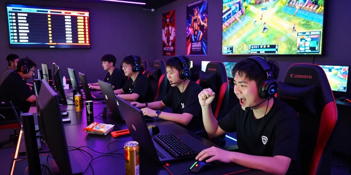 Exciting sunwin gaming lounge scene with players engaged in gameplay, colorful lights, and gaming accessories, showcasing the dynamic atmosphere.