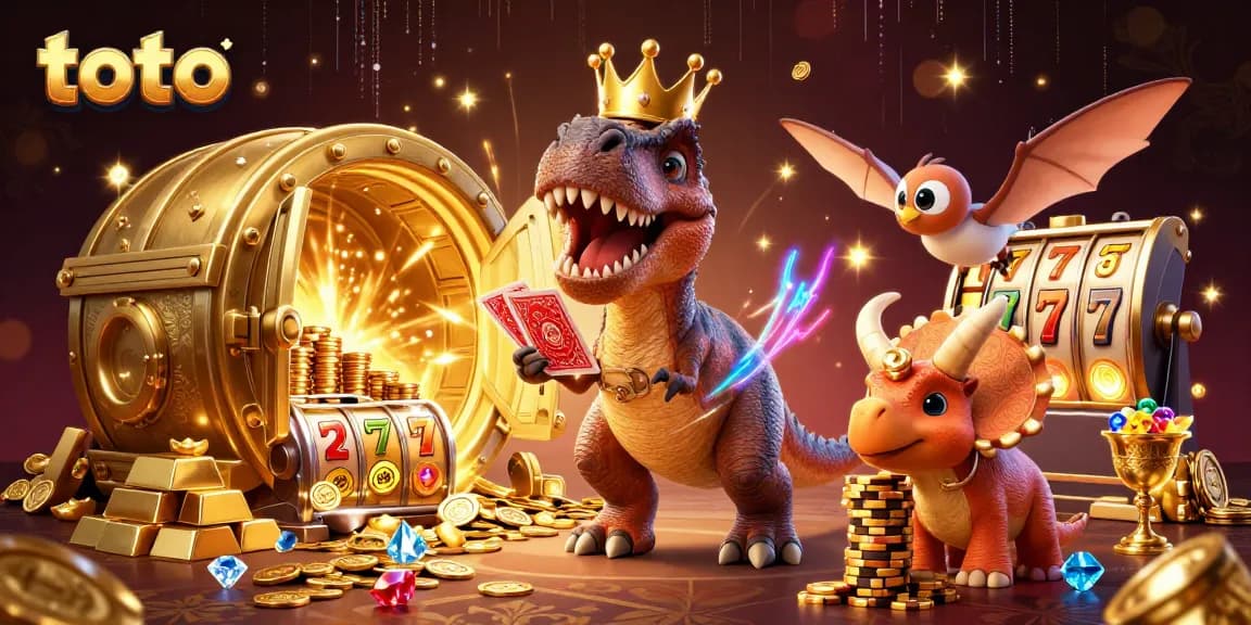 Toto-themed casino illustration with adorable dinosaurs engaged in card games and stacking chips.