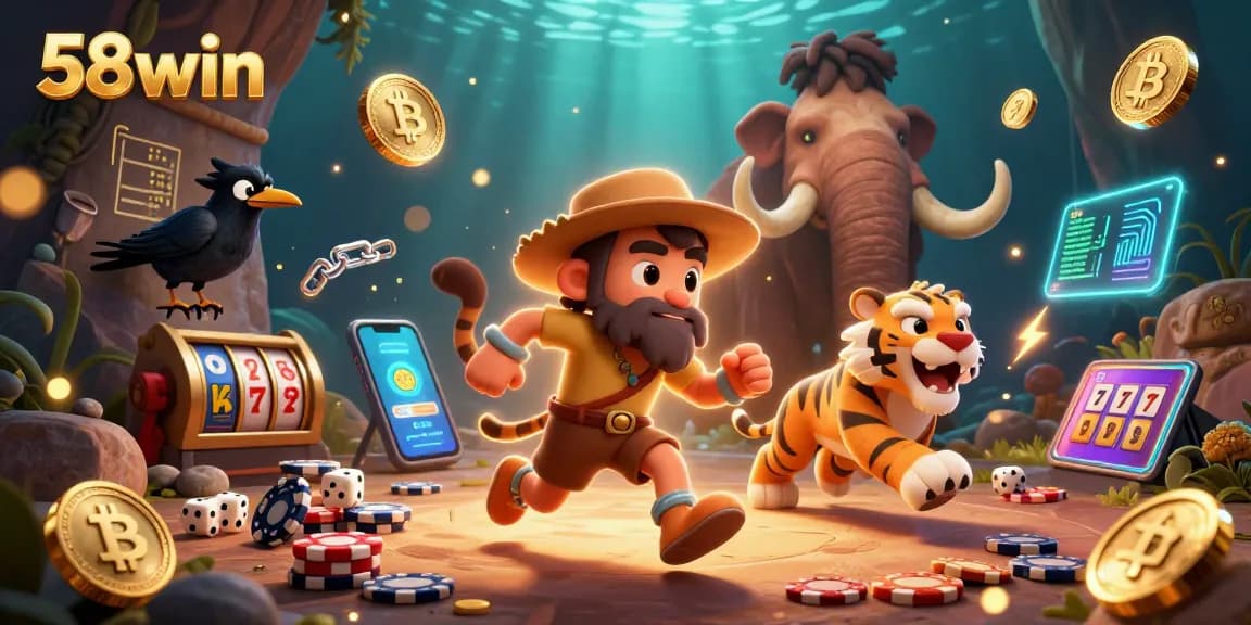 Experience thrilling gameplay at 58win with slot reels amid vibrant 3D characters and casino elements.