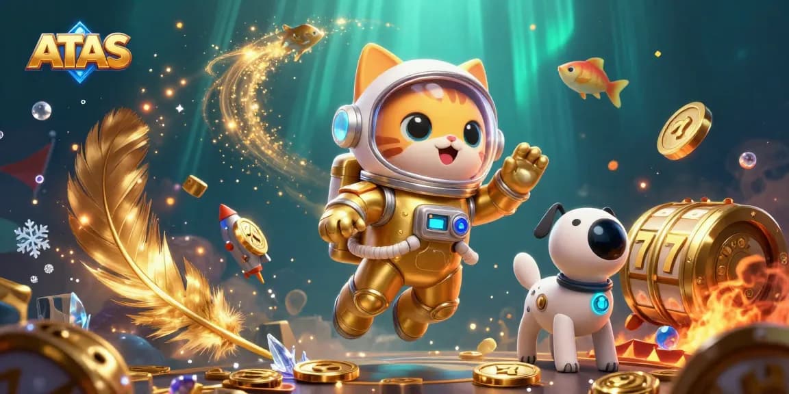 ATAS casino slot adventure with a space astronaut cat and robot dog in a vibrant, dynamic scene.