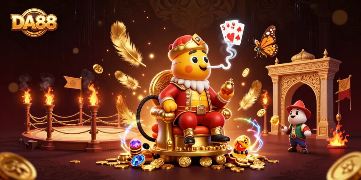 Experience the excitement of DA88 with a vibrant casino scene featuring a whimsical caterpillar and casino elements.