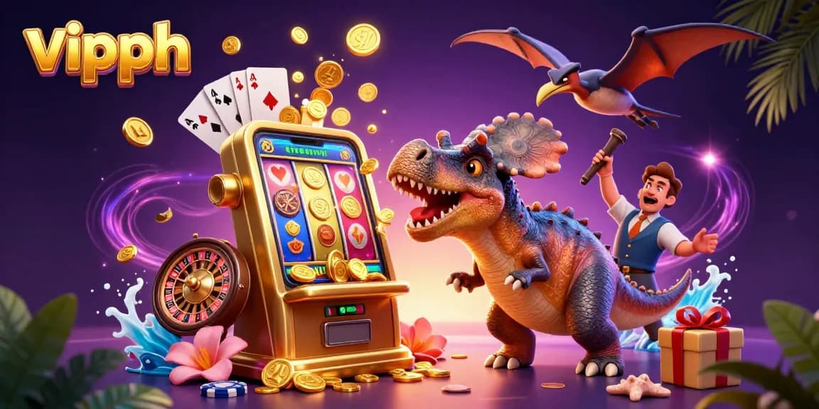 Experience excitement with vipph as a dinosaur celebrates a slot jackpot amidst a vibrant casino scene filled with flying coins.