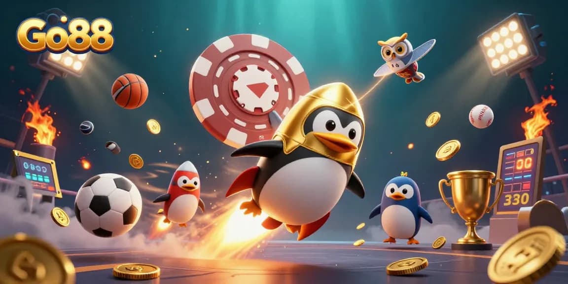 Go88 penguin launches to the casino stars, surrounded by vibrant gambling elements.