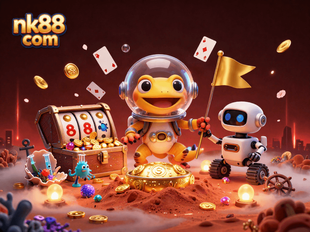 Experience the excitement of nk88 com with a Martian gecko unveiling a hidden casino in vibrant 3D.