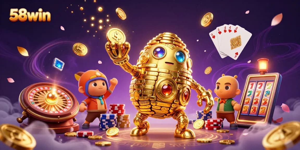 Experience thrilling gameplay at 58win with a vibrant scene of 3D characters, slot symbols, and vibrant casino elements.