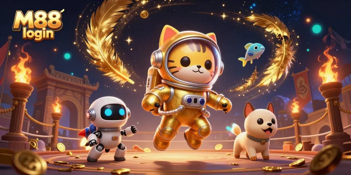 M88 login melibatkan kucing astronaut dalam kostum emas, robot anjing, dan makhluk ikan asing di arena taruhan fantasi.