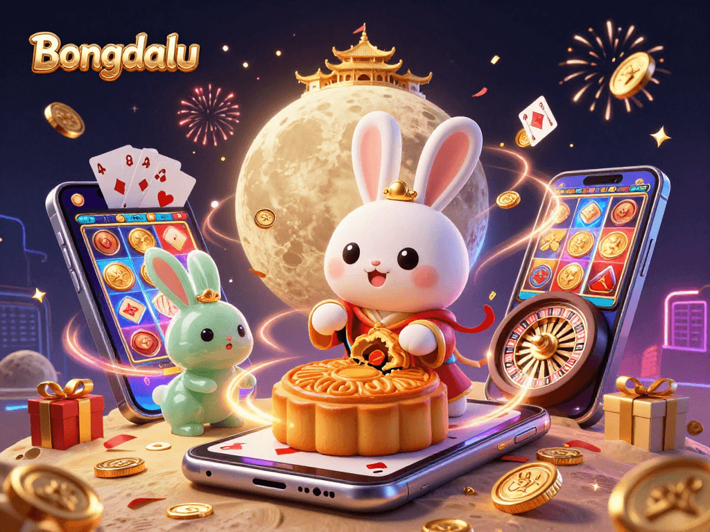 Bongdalu showcases a vibrant 3D casino scene with a moon rabbit revealing poker chips, surrounded by dynamic gaming elements.