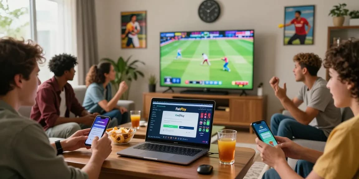 Engaged friends enjoying cricket while using FairPlay login to place bets on a large screen in a lively living room.