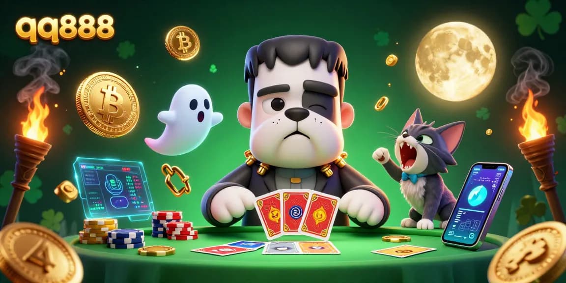 Engage in gaming action with qq888, featuring a bulldog dealer and crypto elements in a vibrant casino scene.