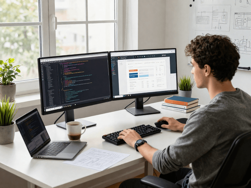 Pengembang di ruang kerja modern dengan wifi4d siap menjawab tantangan coding.