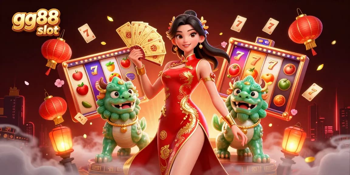 Winning at gg88 slot with vibrant slot reels, lucky 7s, and festive characters.