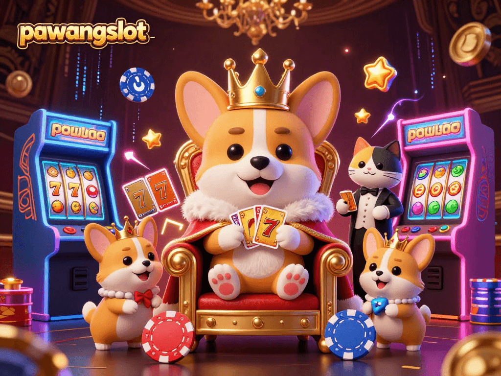 Pawangslot: Raih kemenangan dengan slot bergaya royal corgi dalam suasana kasino yang meriah.