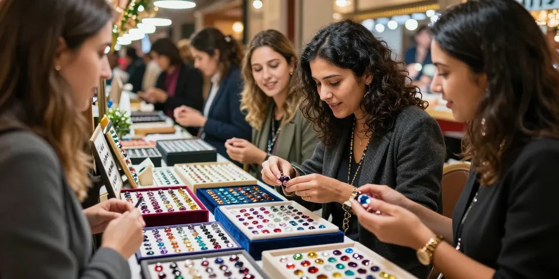 Explore exquisite gemstones at https://www.mygemspot.com, vibrant market scene with happy customers and sparkling gems.
