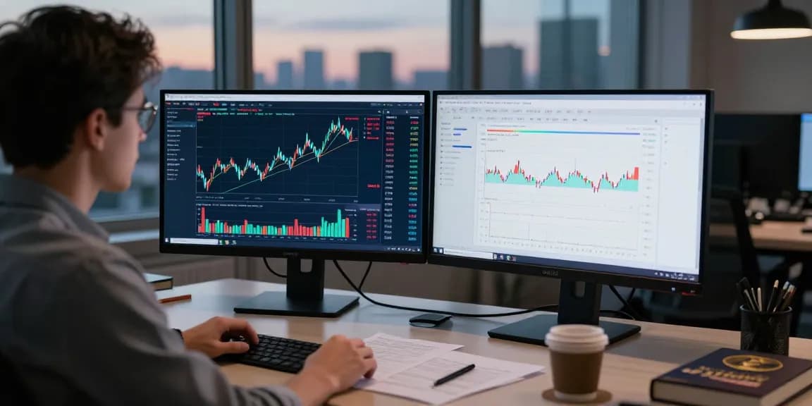 Трейдер изучает отзывы о bitmex, анализируя графики на экранах в современном офисе с большим окном.
