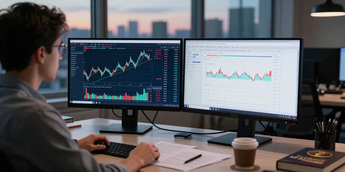 Трейдер изучает отзывы о bitmex, анализируя графики на экранах в современном офисе с большим окном.