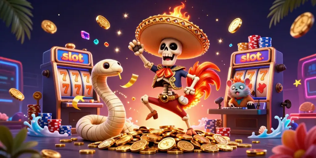 Experience thrilling slot action with a vibrant 3D casino scene bursting with gold and excitement.