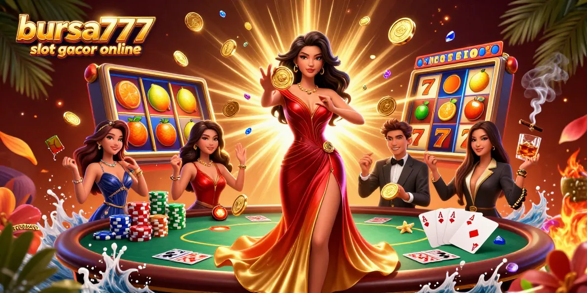 Bursa777 slot gacor online showcasing a stunning Asian woman holding a golden coin amidst slot reels and vibrant casino elements.