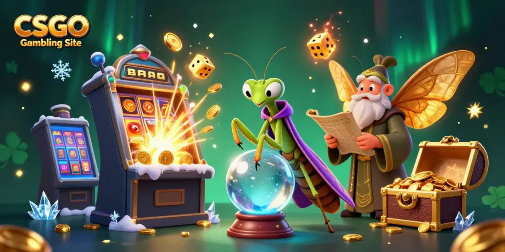 Experience the excitement of a CSGO Gambling Site with a lively 3D scene of mystical characters and casino elements.