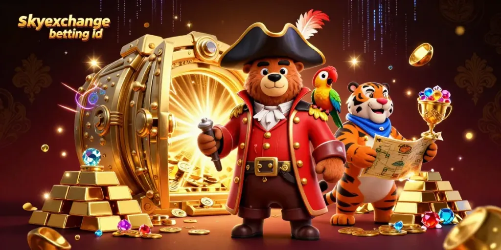 Experience thrilling action with skyexchange betting id surrounded by treasures and vibrant elements.