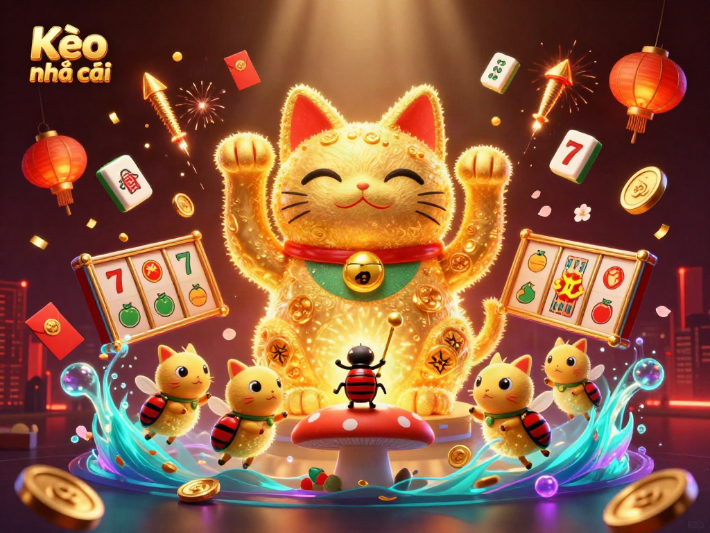 Kèo nhà cái showcases a vibrant 3D scene with a lucky cat and dazzling gambling elements in a casino setting.