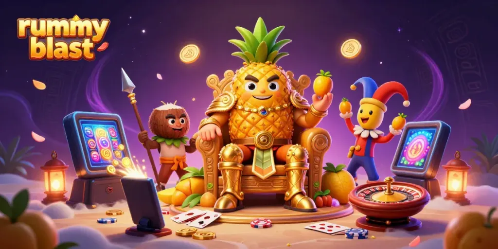Engage in thrilling gameplay with rummy blast surrounded by dynamic characters at a vibrant beach casino.