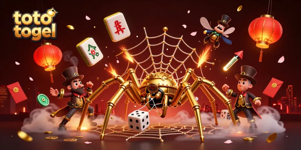 Experience intense gameplay with toto togel as a steampunk spider catches dice in a golden web illustrated scene.
