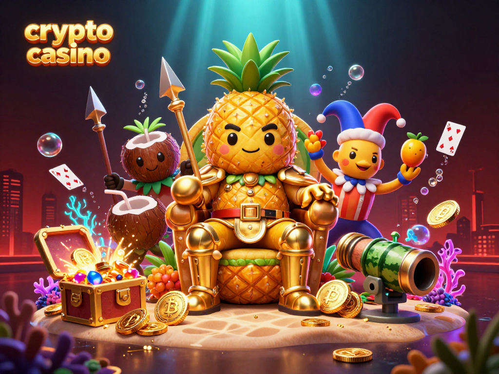 Engage with the colorful crypto casino scene featuring golden pineapple king and dynamic game elements.