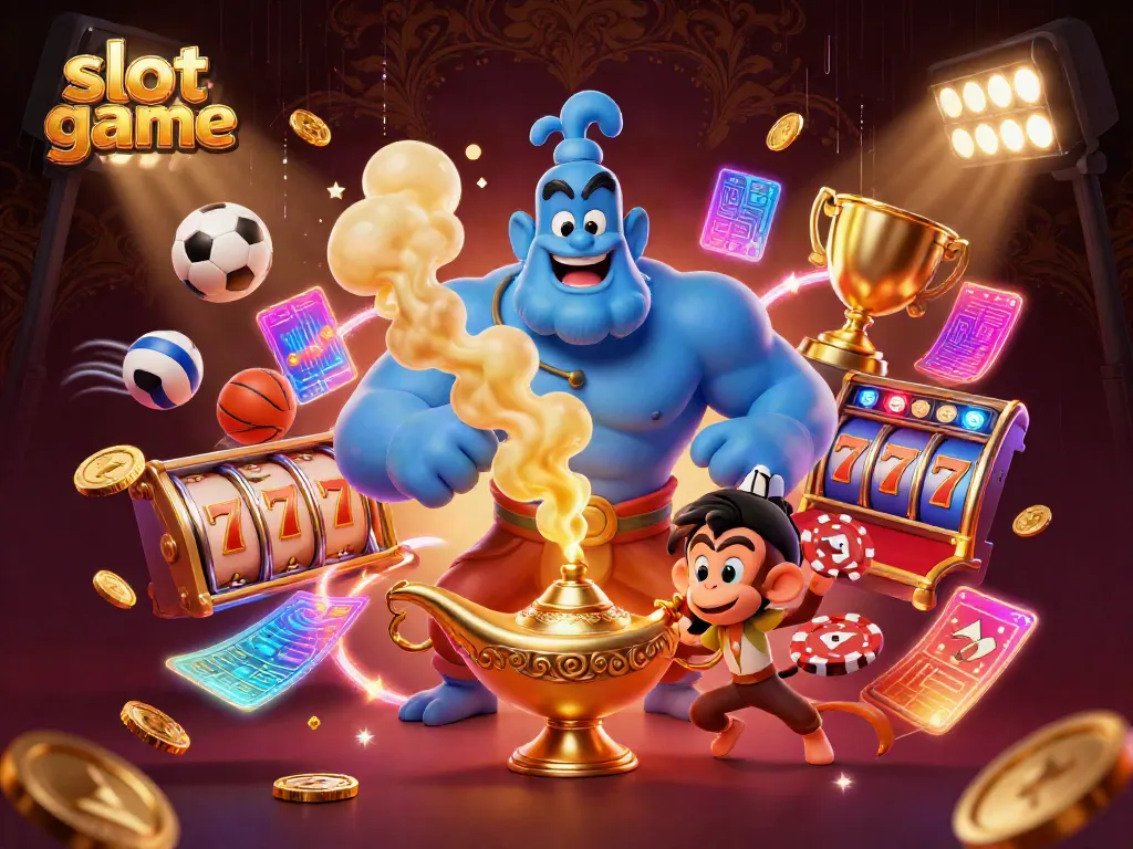 Engage in thrilling slot game action with a dynamic scene featuring a powerful genie and magic elements.
