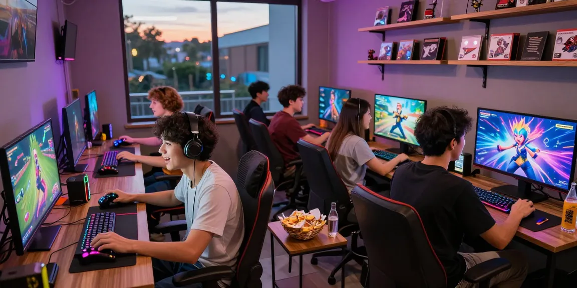 Engaged friends enjoying fun adult games in a lively gaming lounge