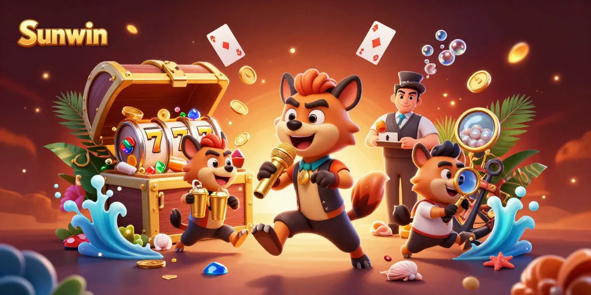 Sunwin hyenas entertain at a lively casino scene with gold coins and colorful gems.