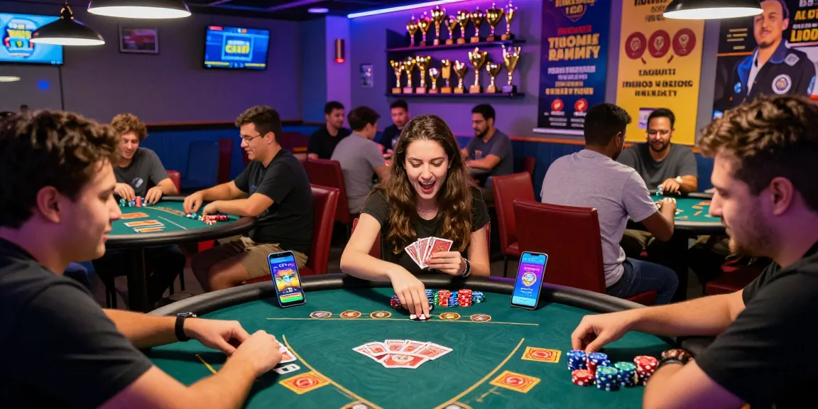 Exciting Card Rummy gaming scene at a colorful lounge, showcasing players engaging with the Card Rummy app for real money games at https://cardrummyapp.com.pk/.