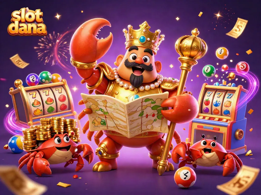 Slot dana, ilustrasi kasino 3D penuh warna dengan elemen permainan slot dan karakter menarik.