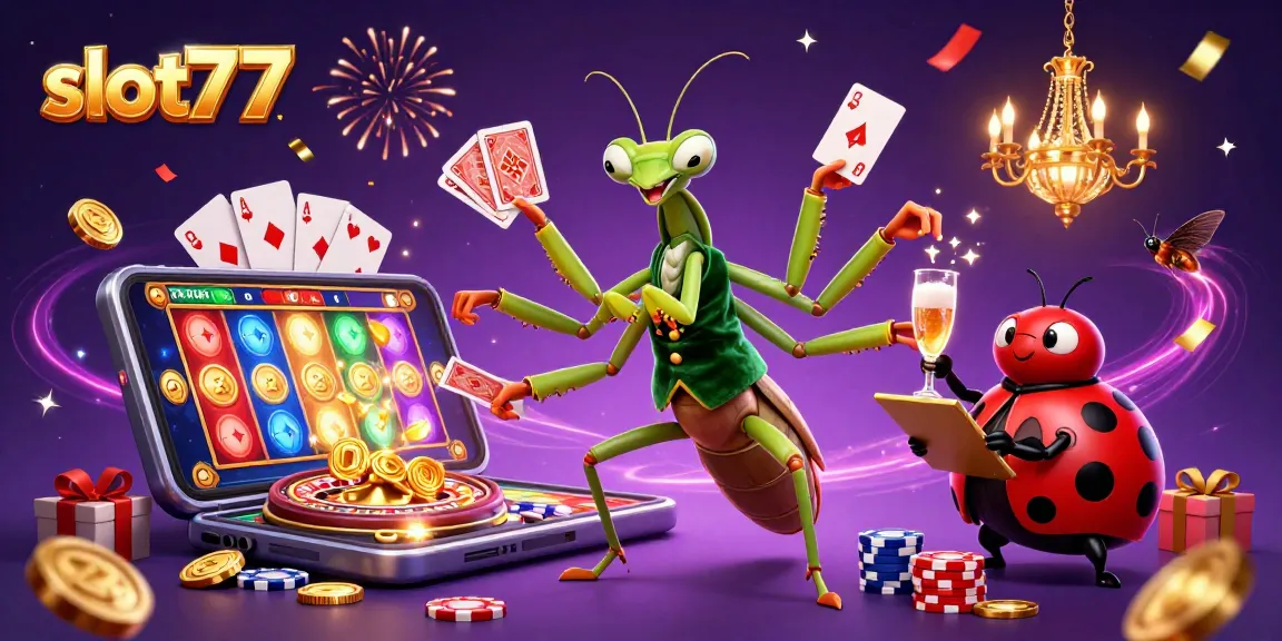 Pemain slot777 memutar gulungan dengan keberuntungan, dikelilingi oleh koin emas dan kartu kemenangan.
