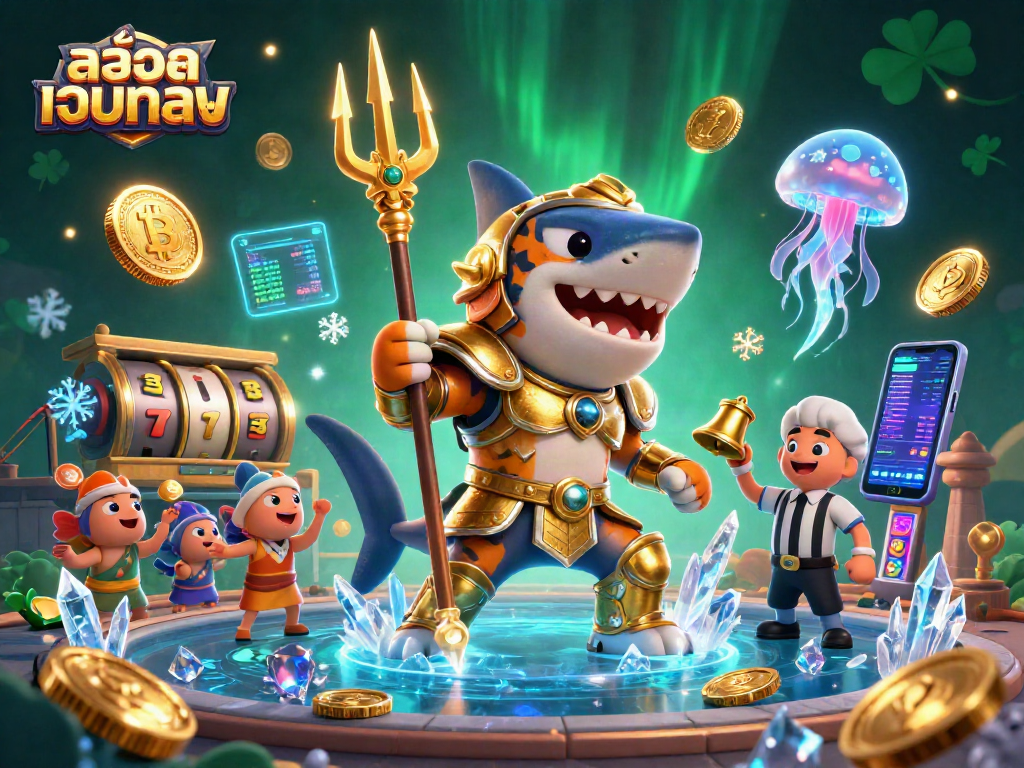 Engage in thrilling สล็อตเว็บตรง gameplay with a fierce tiger shark in gladiator armor