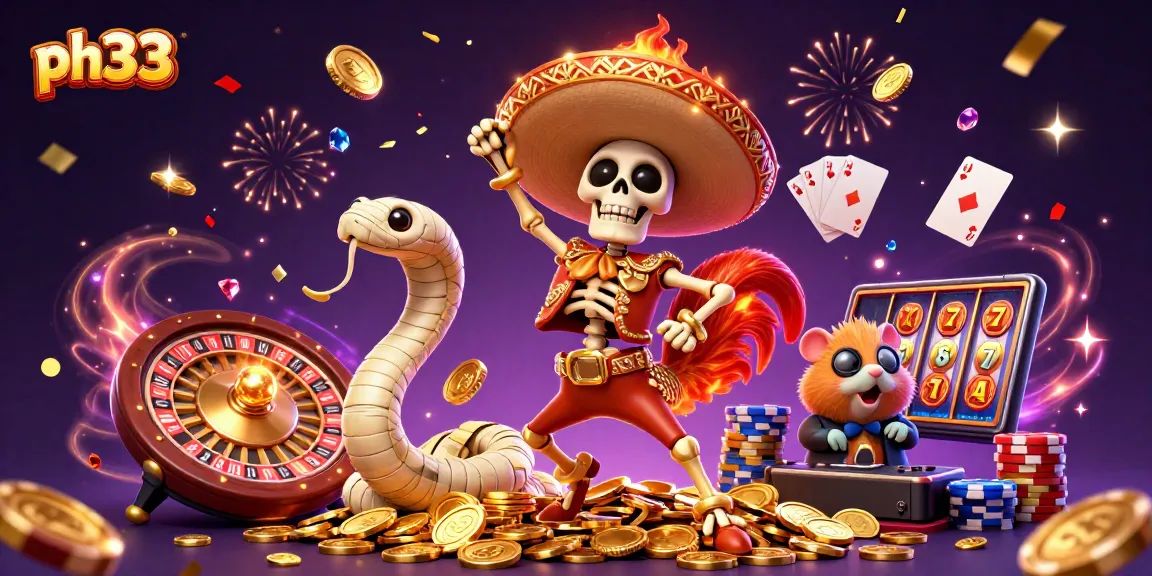 Experience ph33's exciting world with a festive 3D scene featuring a mariachi rooster, mummy snake, and DJ hamster, surrounded by casino elements.