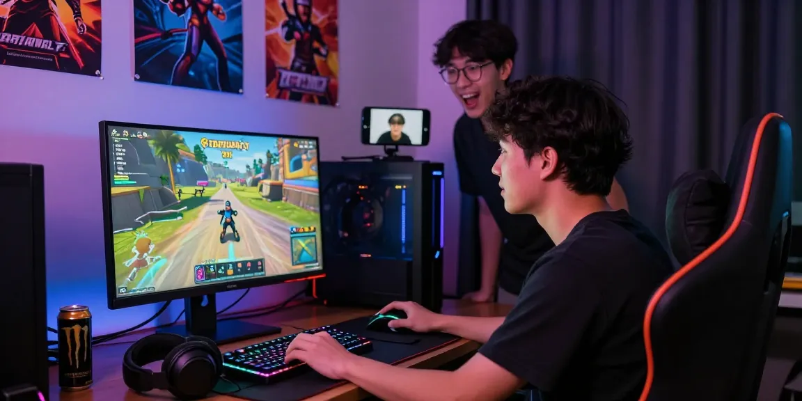 Gamer asyik bermain terjun4d di set gaming modern di rumah.