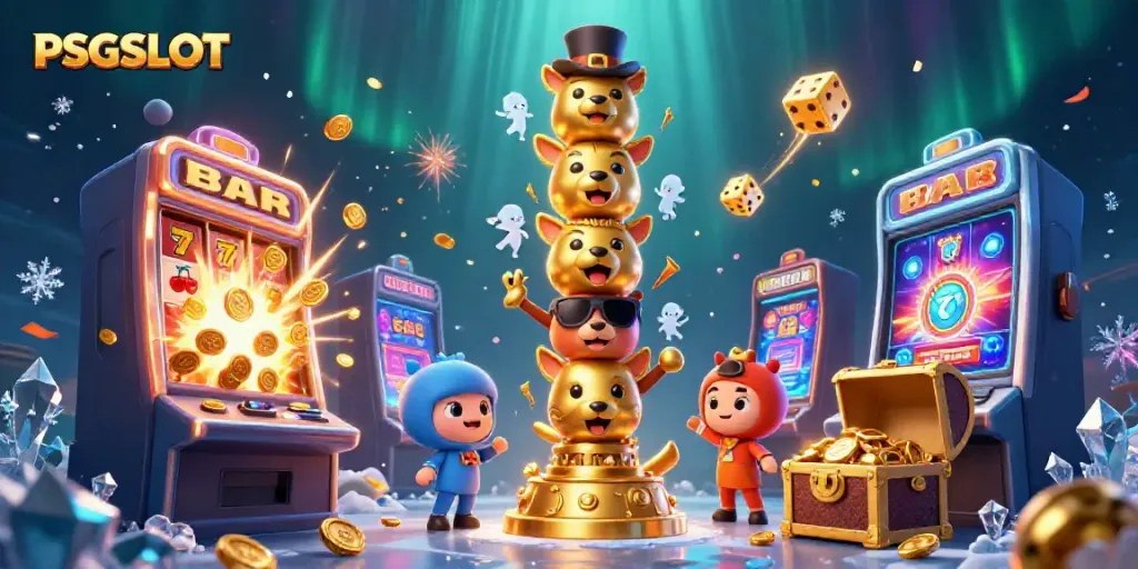 Permainan dalam PSGSLOT menampilkan totem emas yang berfungsi sebagai simbol keberuntungan di antara mesin slot berdampak dinamis.